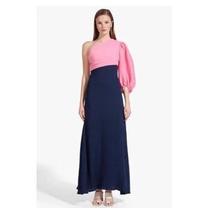 STAUD Didi Dress Size 6 NWT – One Shoulder Pink & Navy Puff Sleeve Maxi